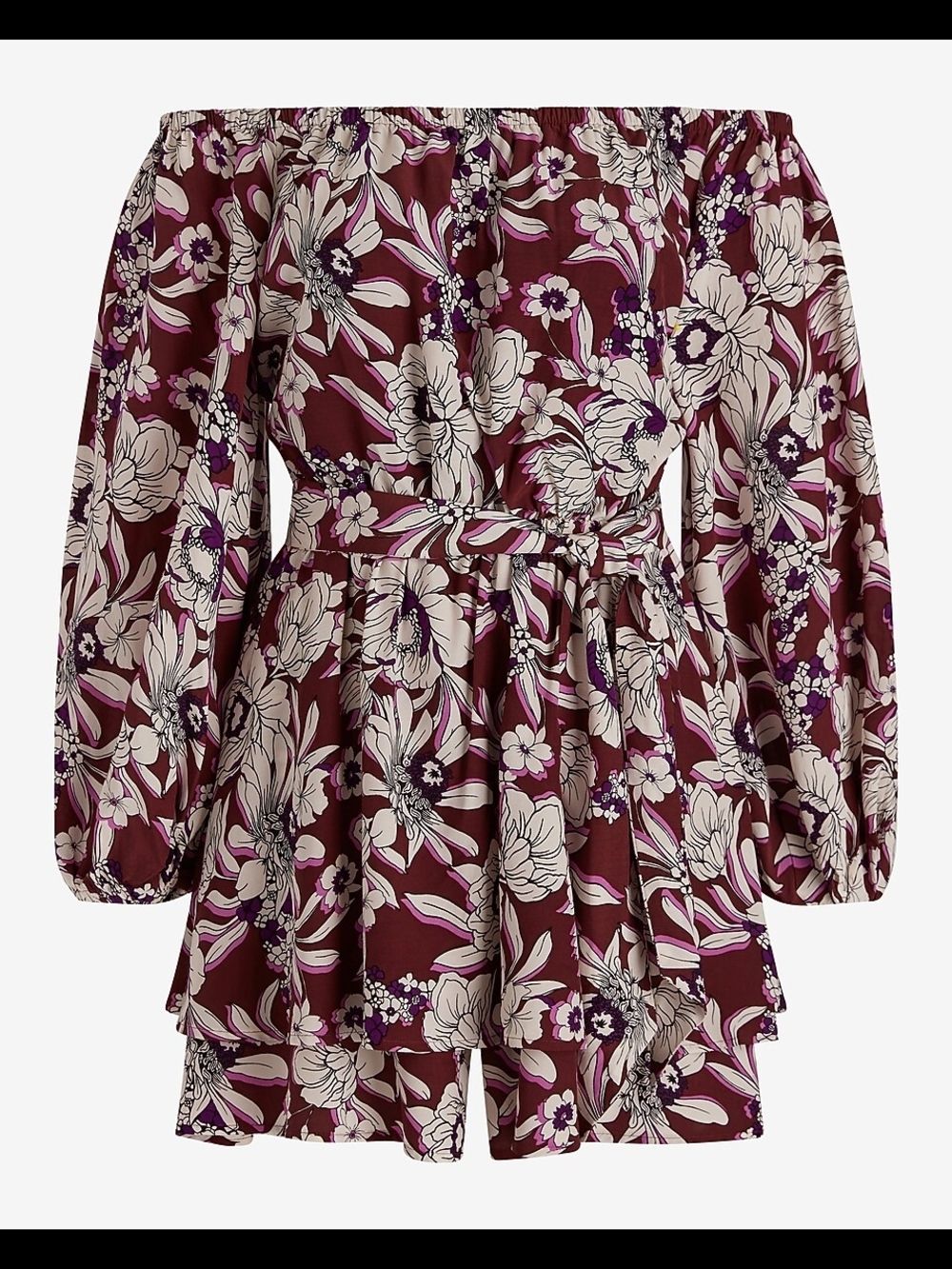 Express Floral Off The Shoulder Tie Waist Ruffle Romper, XL